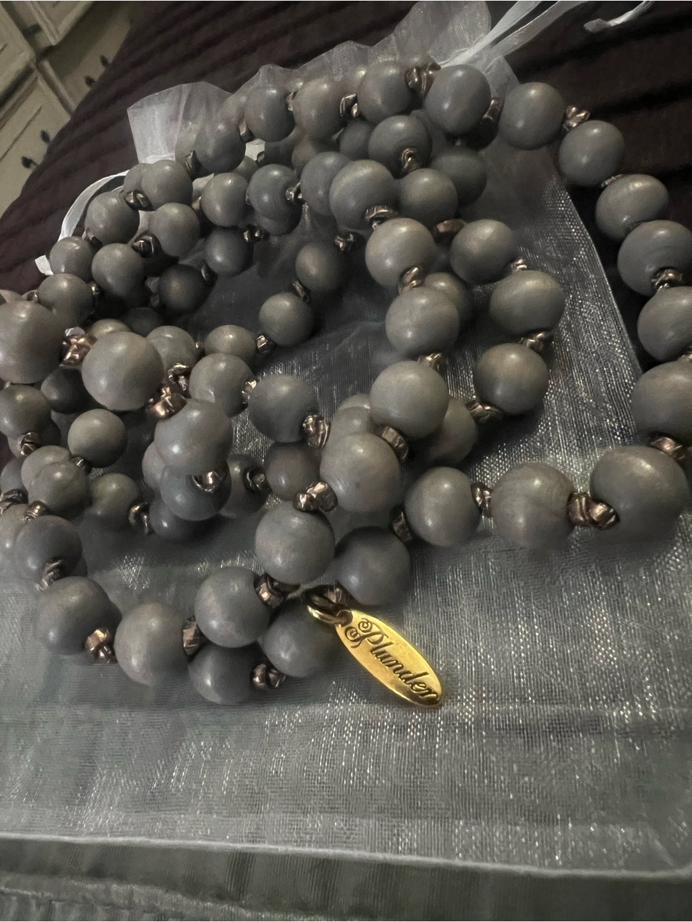 Plunder Gray Beaded Necklace with Gold Tag- NWT